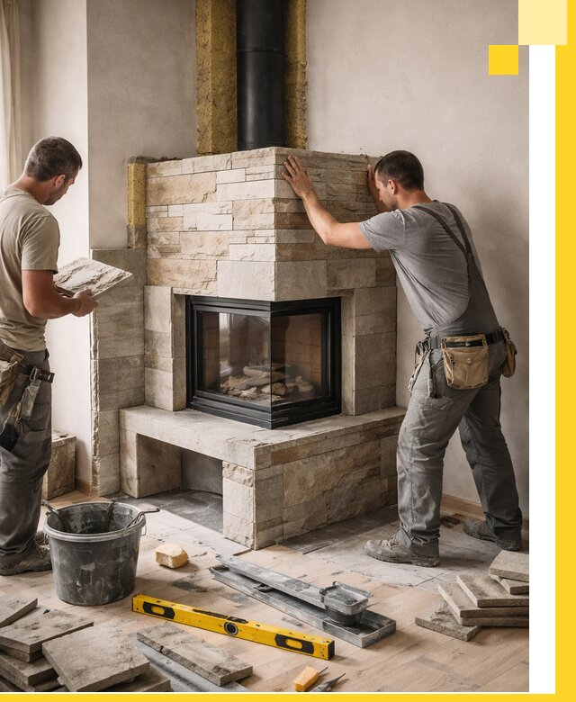 Угловые камины под ключ проект, монтаж и отделка в Арзамасе